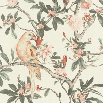 Обои Rasch Poetry 2 543315 попугаи в саду персиковые на белом