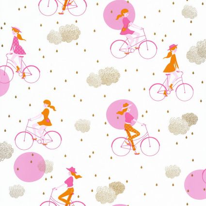 Шпалери Caselio Girl Power GPR100844928 велосипедистки рожево-жовті