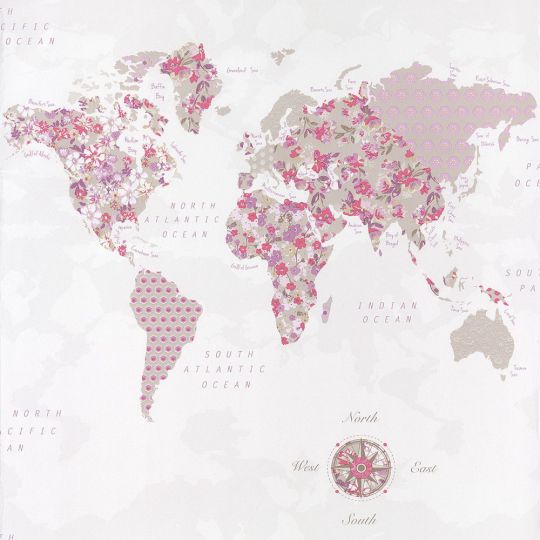 Шпалери Caselio Pretty Lili PRLI69184016 карта світу фіолетові квіточки